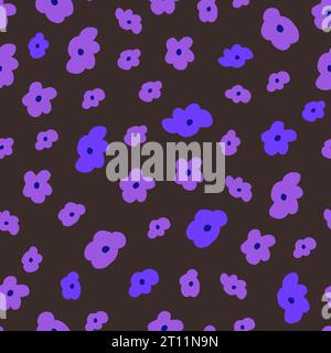 Motivo vettoriale senza cuciture con fiori al viola neon disegnati a mano su sfondo scuro. Modello Doodle con fiori al neon. Illustrazione vettoriale Illustrazione Vettoriale