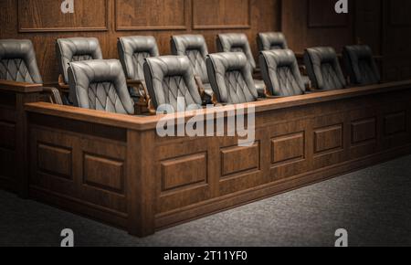 banco della giuria in legno vuoto. rendering 3d. Foto Stock