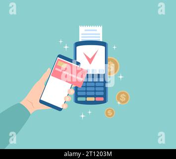 Smartphone che tiene la mano vicino al terminale POS e monete d'oro intorno. Pagamento senza contatto. Illustrazione del vettore piatto Illustrazione Vettoriale