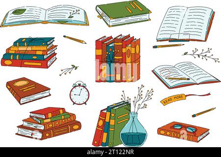 Pile di libri per la lettura, una pila di libri di testo per l'istruzione. Set di documentazione con segnalibri Illustrazione Vettoriale