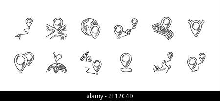 Set di doodle con icona pin di posizione. Illustrazione del vettore di schizzo disegnato a mano. Contrassegno mappa di geolocalizzazione. Icone delle linee vettoriali relative alla navigazione a mano libera. Illustrazione Vettoriale