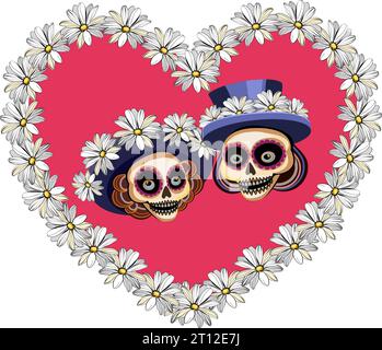 Un paio di teschi in cappelli con fiori nel cuore. Illustrazione vettoriale Illustrazione Vettoriale