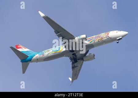 Aereo di linea Boeing 737-800 atterrante nell'aeroporto di Lussemburgo Foto Stock