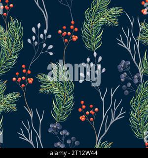Acquerello astratto invernale motivo senza cuciture con rami di abete rosso e blu. Collezione botanica di erbe. Illustrazione disegnata a mano isolata Foto Stock
