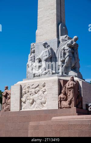 Una vista di Brīvības Piemineklis, il Memoriale della Guerra d'indipendenza lettone; scena di strada da Vecpils ta (città vecchia), riga, Lettonia. Foto Stock