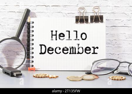 Foglie di eucalipto, una busta e un cartellino bianco con il testo HELLO DECEMBER su sfondo scuro. Posizione piatta, vista dall'alto Foto Stock