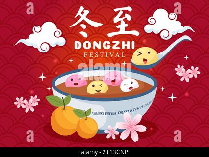 Dongzhi o Winter Solstice Festival illustrazione vettoriale il 22 dicembre con cibo cinese Tangyuan e Jiaozi in disegno di sfondo Flat Cartoon Illustrazione Vettoriale