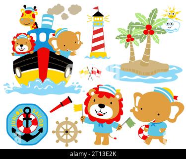 Illustrazione vettoriale di elementi di navigazione cartoni animati con simpatici animali in costume da marinaio Illustrazione Vettoriale