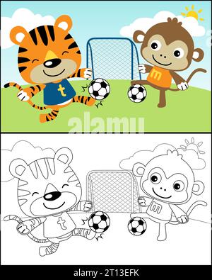 Illustrazione di cartoni animati vettoriali con divertenti tigre e scimmie che giocano a calcio, un libro da colorare o una pagina Illustrazione Vettoriale