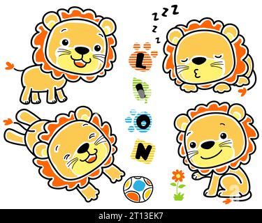 Set vettoriale di cartoni animati con cuccioli disegnati a mano in diverse attività Illustrazione Vettoriale