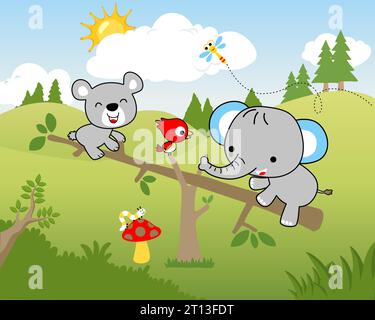 Illustrazione vettoriale con cartoni animati animati su sfondo paesaggistico. Orso ed elefante che giocano a swing Illustrazione Vettoriale