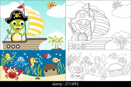 Libro da colorare vettoriale con tartaruga in costume da pirata sulla barca a vela, tesoro di caccia sott'acqua, divertente cartoni animati con animali marini su sfondo panoramico Illustrazione Vettoriale