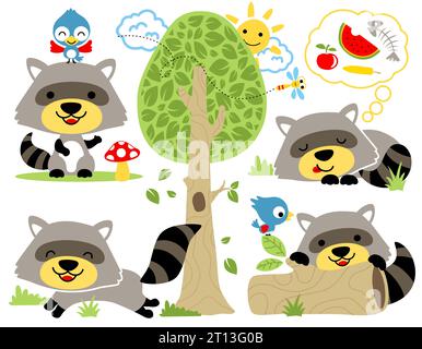 Set vettoriale di cartoni animati di procione con piccoli amici nel bosco Illustrazione Vettoriale
