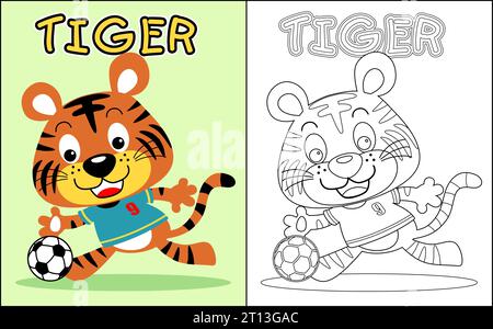 Libro vettoriale da colorare con una tenera tigre che gioca a calcio Illustrazione Vettoriale