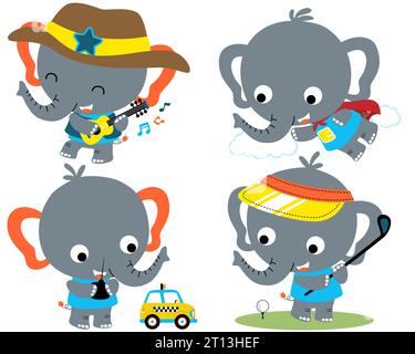 Set vettoriale di cartoni animati di elefanti in diverse azioni Illustrazione Vettoriale