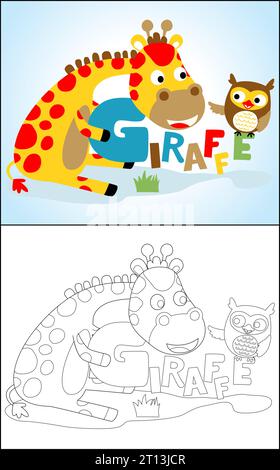 Libro da colorare o pagina di divertente cartoni animati di giraffa e grazioso gufo con lettere Illustrazione Vettoriale