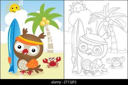 Libro da colorare o pagina, carino cartone animato con gufo che tiene la tavola da surf in spiaggia con granchio durante le vacanze estive Illustrazione Vettoriale