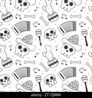 Illustrazione di motivi senza cuciture dia de Muertos con Day of the Dead ed elemento scheletro in design messicano Illustrazione Vettoriale