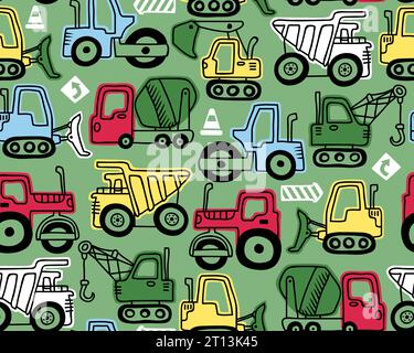 Vettoriale di modelli senza cuciture di cartoni animati di veicoli da costruzione in concetto disegnato a mano Illustrazione Vettoriale