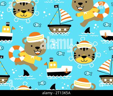 Pattern vettoriale senza cuciture di simpatici animaletti da marinaio. Cartoni animati Sailing Elements Illustrazione Vettoriale