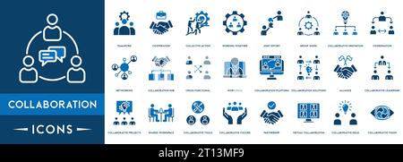 Set di icone di collaborazione. Team aziendale, collaborazione, lavoro di squadra, gestione del team, discussione, interazione e soluzione. Illustrazione Vettoriale
