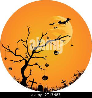 Halloween Pumpkin Tree Horror con Bat Vector Illustrazione Vettoriale