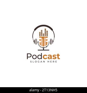 Podcast o logo musicale con l'icona microfono, cuffie e barre audio Illustrazione Vettoriale