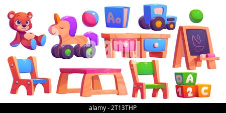 Arredamento interno dell'aula dell'asilo e attrezzature per l'educazione e il gioco dei bambini - tavolo e sedie, lavagna e giocattoli. Set di illustrazioni vettoriali dei cartoni animati di studio e gioco per bambini in età prescolare. Illustrazione Vettoriale