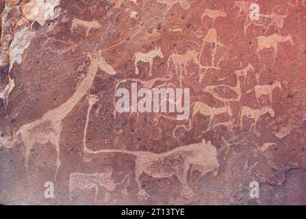 Piatto di leoni con Lion Man e altre incisioni rupestri preistoriche del Bush a Twyfelfontein, Namibia Foto Stock