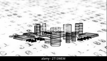 Immagine del modello 3d dei componenti elettrici su codici binari su sfondo bianco Foto Stock