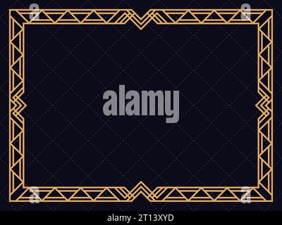 Cornice dorata in stile line art. Bordo lineare in stile vintage. Cornice Art Deco con linee dorate su sfondo nero. Progettare un modello per l'invito, Illustrazione Vettoriale