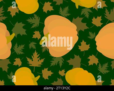 Modello senza cuciture con foglie autunnali e zucche. Sfondo autunnale con zucche e foglie d'acero. Design di striscioni, carta da imballaggio e materiale promozionale Illustrazione Vettoriale