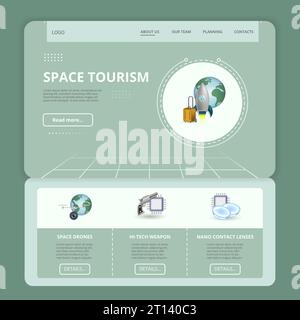 Modello di pagina di destinazione flat per il turismo spaziale. Droni spaziali, armi hi-tech, lenti a contatto nano. Banner Web con intestazione, contenuto e piè di pagina Illustrazione Vettoriale