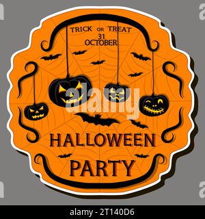 Illustrazione sull'adesivo a tema per festeggiare Halloween con zucche arancioni Illustrazione Vettoriale
