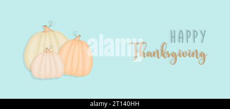 Striscione blu per il giorno del Ringraziamento con zucche e scritta Happy Thanksgiving. Illustrazione vettoriale Illustrazione Vettoriale