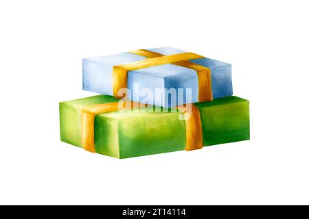 Illustrazione dei regali di natale ad acquerello. Scatole regalo blu e verde per Capodanno con bowes dorate isolate su sfondo bianco. Per i designer, decorazione Foto Stock