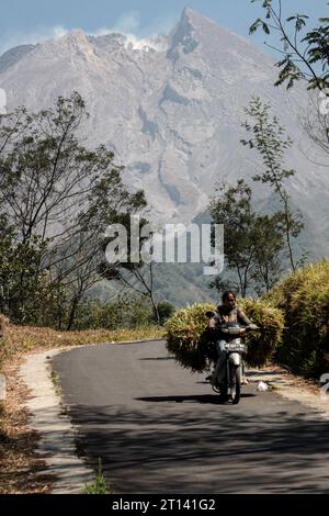 Yogyakarta. 11 ottobre 2023. Questa foto scattata l'11 ottobre 2023 mostra una donna in moto con lo sfondo del Monte Merapi, nel villaggio di Balerante nel distretto di Klaten, Giava centrale, Indonesia. Crediti: Priyo Utomo/Xinhua/Alamy Live News Foto Stock