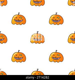 Motivo senza cuciture con zucche di Halloween. Lanterna arancione Jack disegnata con facce intagliate nel doodle Illustrazione Vettoriale