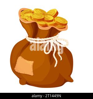 Borsa dei soldi, sacco con monete d'oro in stile cartone animato isolato su bianco. Elemento di gioco successo, trofeo. . Illustrazione vettoriale Illustrazione Vettoriale