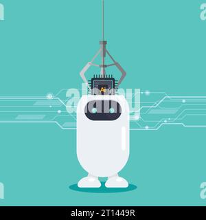 Il braccio del robot inserisce il chip di elaborazione IA nella testa del robot. concetto di apprendimento automatico e dominio della cyber mente. illustrazione vettoriale. Illustrazione Vettoriale