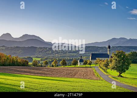 Goldener Herbst. Die Wallfahrtskirche St.Marinus und Anianus am Irschenberg mit der Kulisse des Mangfallgebirges und der Schlierseer Berge. Wilparting Bayern Deutschland *** Autunno d'oro la chiesa di pellegrinaggio San Marino e Aniano a Irschenberg con lo sfondo delle montagne Mangfall e Schlierseer Wilparting Bavaria Germania Copyright: XRolfxPossx Credit: Imago/Alamy Live News Foto Stock