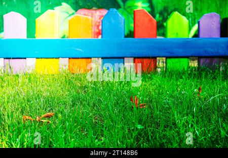 recinzione piccola colorata. palizzata decorativa in legno colorata da vicino, palpitante. Prato verde, pietra pavimentata sullo sfondo di una siepe colorata, ringhiera Foto Stock