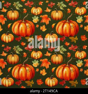 Modello autunnale di zucche e foglie ad acquerello su sfondo verde scuro Foto Stock
