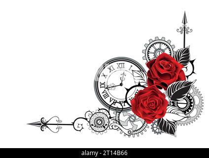 Elegante composizione angolare di rose rosse, fiorite, disegnate artisticamente, decorate con foglie nere con orologio a contorno, ingranaggi su sfondo bianco. Stea Illustrazione Vettoriale