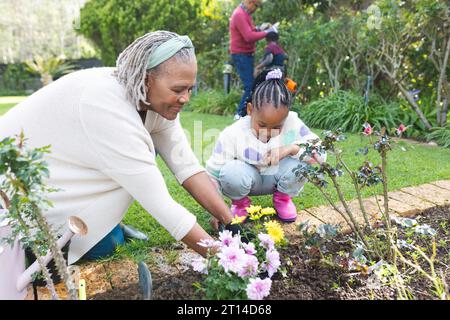 Felice nonna e nipote afroamericana che si prendono cura delle piante nel giardino soleggiato Foto Stock