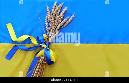 Un bouquet di spikelets dorati e maturi di grano legati con un nastro giallo e blu sullo sfondo della bandiera Ucraina. L'iscrizione in ucraino Foto Stock