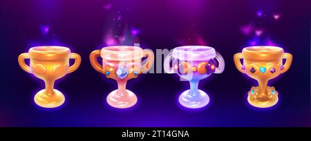 Set di trofei di gioco, coppe dorate con pietre preziose. Collezione di oggetti di gioco, elementi di design della gui. Premi i calici, i vincitori brillanti premiano le illustrazioni dei cartoni animati vettoriali isolate su sfondo scuro. Illustrazione Vettoriale