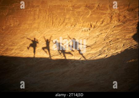 Ombre danzanti sulla roccia nel deserto. Foto Stock