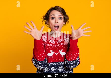 Foto di una felicissima ragazza senza parole che indossa un pullover di ornamenti che mostra le palme stupite che fissano la bocca aperta isolata su sfondo giallo Foto Stock