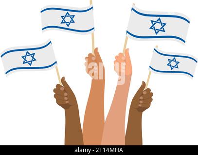 Supporto bellico israeliano. Io e lo Stato siamo con Israele. Mano che regge bandiere israeliane. Illustrazione vettoriale. Illustrazione Vettoriale